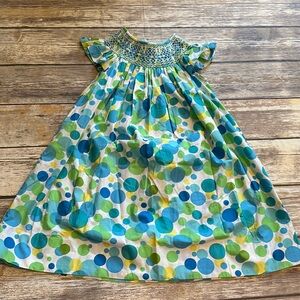 Classic Whimsy Blue and Green Polka Dot Smocked Dress- Size 4T